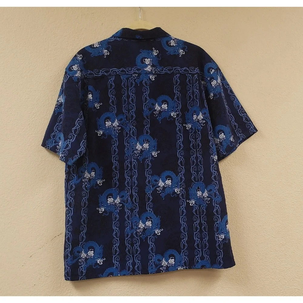 Extreme Gear Vintage Hawaiian Shirt Mens XL Blue Dragons Waves‎ Tribal Y2K Short
